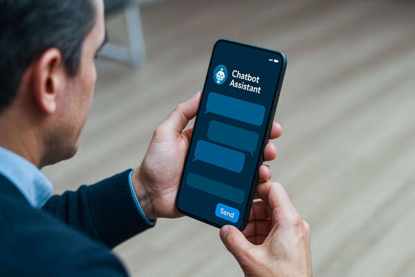 Imagem de um homem utilizando um chatbot no celular.