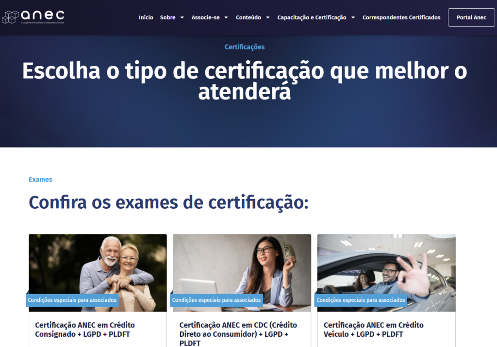 Print do site da Anec com certificações.
