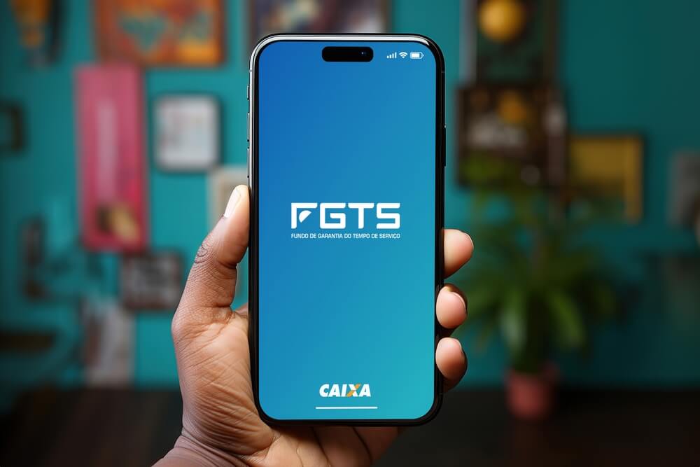 Imagem de uma mão segurando um celular. Na home é possível visualizar o aplicativo do FGTS.