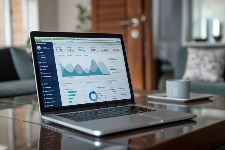 Imagem de um notebook aberto em cima de uma mesa de vidro. Na tela do notebook é possível ver um sistema de CRM aberto.