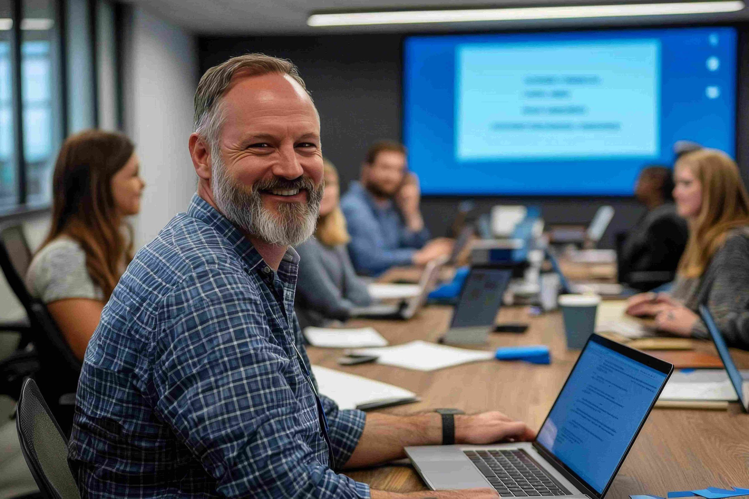 Imagem de um homem branco, de barba, sentado em uma mesa e em frente a um computador. Ele está sorrindo para a câmera. Ao fundo é possível enxergar um telão com uma apresentação, além de outras pessoas sentadas.