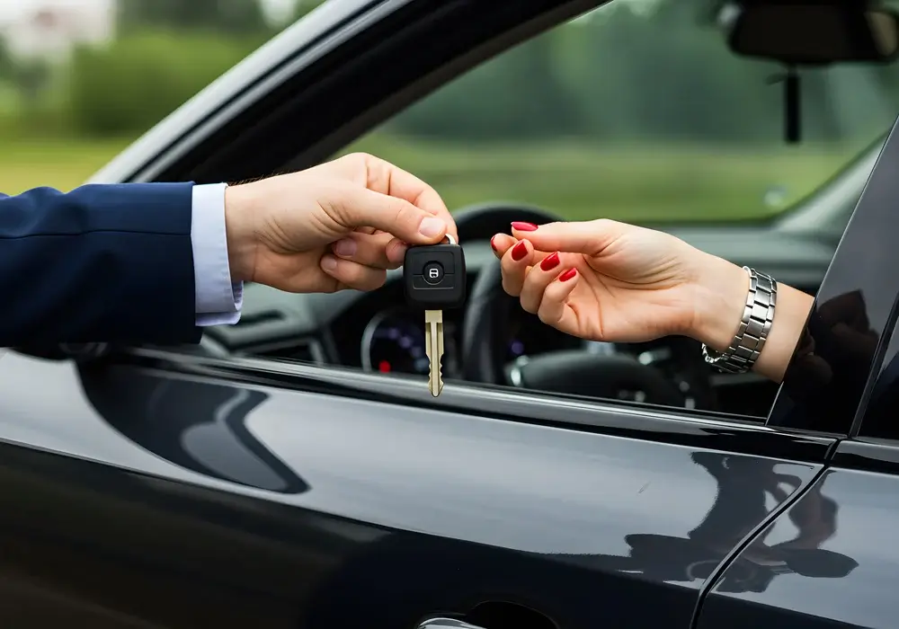 Imagem de uma pessoa entregando a chave de um carro para a outra, sinalizando que ela acabou de adquirir o automóvel por meio de um plano de consórcio, o plano troca de chaves.