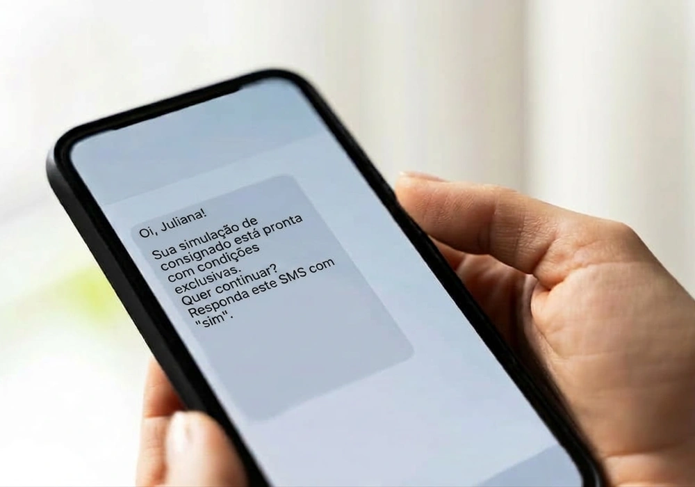 Imagem de uma pessoa segurando um celular. Na tela, é possível ver um SMS de consignado com oferta de empréstimo.
