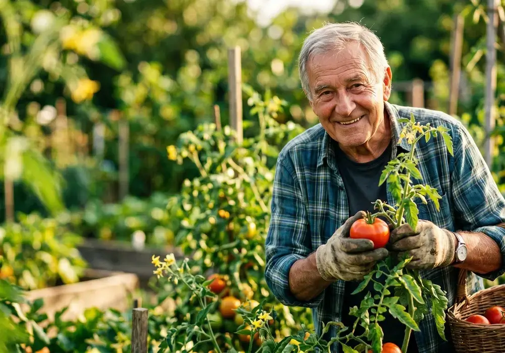 Imagem de um senhor, produtor rural, em uma plantação de tomate.